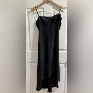 VTG Jessica Howard Black Slip Dress Spaghetti Strap High Low Removable Flower 🖤